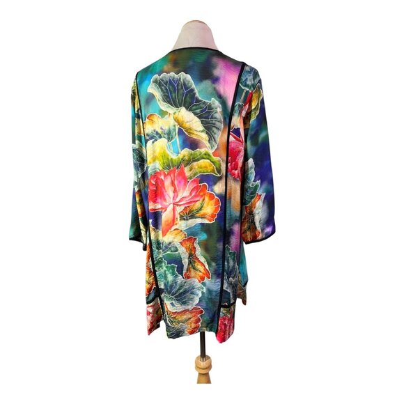 Ali Miles Size L Open-Front Kimono Jacket Water Lillies Print Colorful - Picture 5 of 8